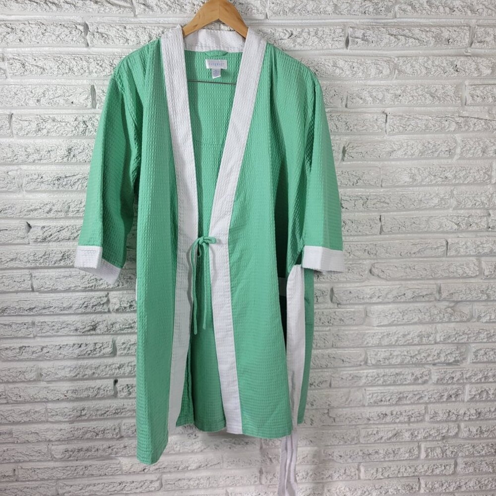 Cabernet Women's XL Green Waffle Knit Robe 3/4 Sleeve Cotton Blend HNGE